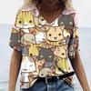 Temu Aliexpress Camiseta feminina com decote em V, moda de rua europeia e americana, top solto com impressão 3D, fabricante de suprimentos