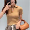 Novidades Primavera e Verão Suéter Polo de Malha Canelada para Mulheres Outono e Inverno Slim Fit Manga Curta Camiseta Top Branco Tamanho Único Preto