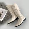 Botas Pretas Retrô de Bico Fino e Salto Grosso para Mulheres 2025 Novo Verão para Pessoas Baixas Acima do Joelho com Efeito Emagrecedor Botas de Cano Alto