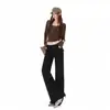 Pantalones casuales de pierna ancha ligeramente elásticos de sarga de algodón puro color verde oliva transfronterizos retro de cintura baja minimalistas pantalones largos negros