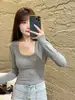 Top liso de manga larga ajustado con cuello en U para mujer, nuevo estilo coreano de otoño, camiseta elegante de cintura alta