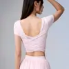 Top de yoga de malla sin espalda para mujer, corte ajustado, con copas fijas, camiseta de manga corta para entrenamiento de Pilates y ejercicios de fitness