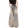 Calça jeans feminina em estilo designer com efeito desgastado, jeans reto casual loose retro americano rasgado