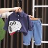 2023 Novo Terno de Primavera e Outono para Meninos Camisa de Desenho Animado Cor Sólida Conjunto de Duas Peças Fofo e Fashion Estilo Coreano Roupa Infantil Moderna