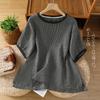 Foto Real de Top Vintage de Verano para Mujer con Bloques de Color, Cuello Redondo, Mangas Cortas, Corte Holgado, Suéter de Verano, Camisa Artística de Lino para Mujer
