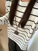 Top a rayas cepillado suave y pegajoso, amigable con la piel, para mujer, primavera y otoño, holgado, capa base, manga larga, adelgazante, camiseta casual coreana para interiores