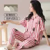 Pijama Feminino Modal Manga Curta Calça Tamanho Grande Cardigan Verão Confortável Fino Roupa de Casa Usável com Bojo