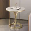 Mesa de centro de losa de roca de lujo ligero con marco de hierro, adecuada para apartamentos pequeños, sala de estar, mesa auxiliar de sofá, estilo minimalista moderno, mesa redonda pequeña para balcón