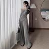[Conjunto de Dos Piezas] Moda Coreana Otoño e Invierno Nuevo Traje Top Asimétrico de Manga Larga + Pantalones Largos de Pierna Ancha de Cintura Alta