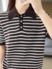 Primavera y Verano Nuevo Estilo Centro Comercial Dulce y Elegante Rayado Temperamento Solapa Manga Corta Rayado Jersey Hermoso