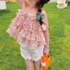 Conjunto de Verano para Niñas de Dos Piezas Bebé Elegante Infantil Moderno Coreano Floral Pastel Tirantes Encaje Shorts