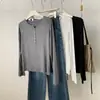 Camiseta de manga larga para mujer, estilo coreano, casual, adelgazante, versátil, cuello redondo, base, con botones de concha, de Tencel y lana, para otoño e invierno
