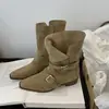 Botas Western Cowboy de Salto Grosso para Mulheres 2025 Outono e Inverno Novas Fivela de Cinto Elegante Bico Quadrado Botas Curtas High-End