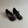 Versão em Couro Sapatos Mary Jane Good Girl Femininos Franceses Fofos Bico Redondo Baixo Salto Alto Sapato Único Uma Tira Sapatos Pequenos de Couro