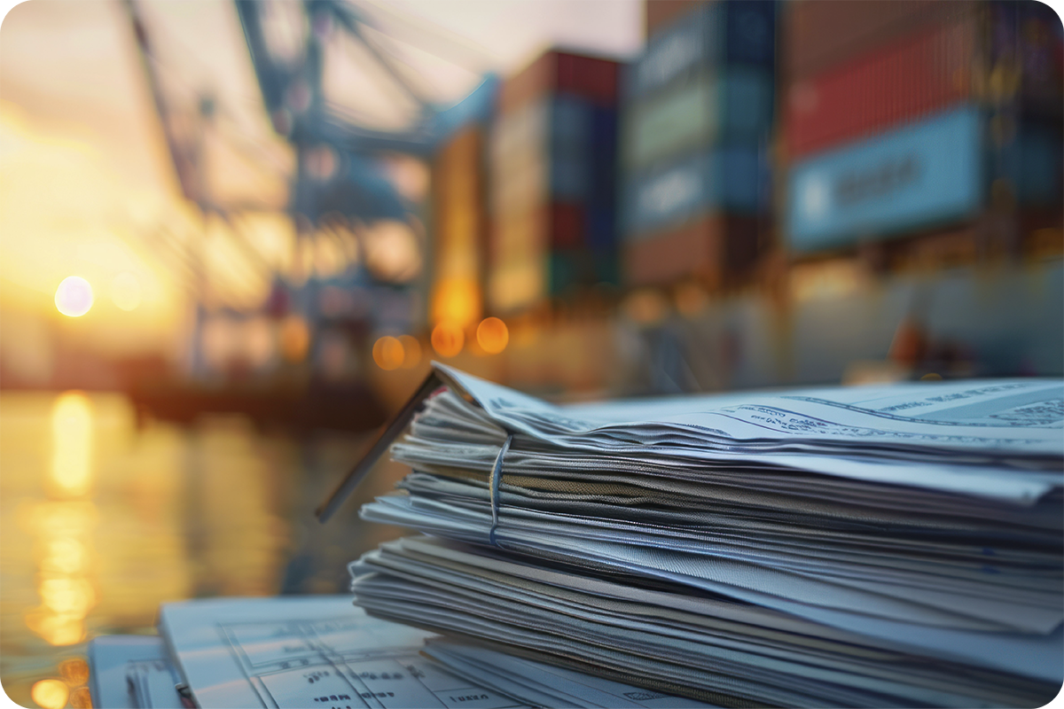 Documentos fiscais empilhados em porto com contêineres ao fundo, representando a tributação e impostos na importação da China