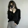 Cardigã de tricô com decote V e mangas compridas para mulheres, para usar no outono e inverno, estilo francês solto e casual, suéter de design versátil e único