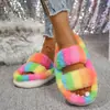 Pantuflas de Felpa con Tiras Cruzadas Rayas Arcoíris para Mujer, Talla Grande Otoño e Invierno, Pantuflas Cálidas de Algodón con Suela Plana de Felpa, Punta Abierta