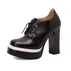 Nuevos Zapatos de Moda Británica para Mujer de Primavera y Otoño Zapatos de Salón con Cordones Delanteros Mary Jane Tacones Gruesos 40-43 Zapatos de Talla Grande