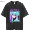 Tamanho Europeu Transfronteiriço Camiseta Masculina de Manga Curta Lavada Vintage Desenho Animado Anime Estilo Dark High Street Europeu e Americano Camiseta Curta Masculina