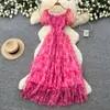 Vestido Floral Delicado Estilo Francês com Mangas Bufantes para Mulheres, Versão Coreana de Verão, Decote Quadrado, Cintura Alta, Modelo Evasê Elegante em Camadas, Emagrecedor