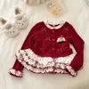 Casaco de Passeio para Menina Sisi Fofinha Canelado Laço Bolinhas Renda Falso Duas Peças Fofo Menina Camiseta Tendência