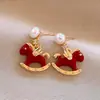 Aguja de Plata Estilo Chino Nuevo Zirconio Moneda de Cobre Año del Zodiaco Caballo Pendientes Nicho Pendientes de Alta Gama Pendientes de Moda de Lujo Ligero para Mujeres