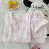 Pijama de Niña Bonita con Cuello de Encaje Rosa Estilo Muñeca Japonesa, Set de Pantalón Largo y Manga Larga para Primavera y Otoño, Ropa de Casa para Estudiantes