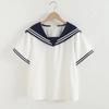 2023 Novo Estilo de Verão Estilo Japonês Doce Estilo Preppy Listrado Combinação de Cores Gola Azul Marinho Camisa de Manga Curta Tops para Mulheres