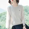 Camiseta Interior de Seda Brillante 2025 Primavera Nueva para Mujer con Calados y Encaje Empalmado Tejido de Punto Suelto Delgado Coreano