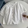 Estilo Literário Coreano Design de Renda Versátil Camisa de Manga Curta High-End Elegante Solta Gola Redonda Camisa Bordada Novo Estilo