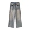 Jeans azul lavado com respingos de tinta, estilo retrô americano, marca de moda high-street, design solto de perna reta e larga, efeito emagrecedor, calça de comprimento total