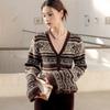Suéter de Punto de Lana y Cachemira Fair Isle para Mujer Invierno 2026 Cárdigan Retro con Cuello en V que Ceñe la Cintura