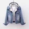 Jaqueta Jeans Feminina Inverno Nova Estilo Coreano com Capuz Curta Manga Longa Lã Forrada com Fleece Grossa Lã de Cordeiro Acolchoada de Algodão