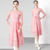 Vestido feminino rosa de alta qualidade estilo francês luxo leve início de outono 2023 manga longa costura em tela