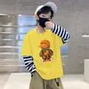 Linda Moda Dibujos Animados Estampado Algodón Puro Falso Dos Piezas Camiseta para Bebés Niños 2026 Otoño Manga Larga