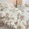 Falda de Cama Acolchada Estilo Francés Campestre de Encaje Pesado, Todo Algodón, Juego de Cuatro Piezas, Funda de Edredón de Encaje de Algodón Puro, Juego de Cuatro Piezas Todo Algodón