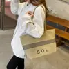 Bolsa de Lona Sencilla para Mujer, Bolso de Hombro de Gran Capacidad, Bolso de Mano Versátil Casual con Estampado de Rayas y Letras, Bolsa para Clase