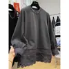 Camiseta de Manga Longa Espessa Escovada com Renda Vazada Costurada Estilo Coreano Cor Sólida Tamanho Grande 120kg Transfronteiriça Feminina Outono Inverno Novo Estilo