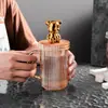 Celebridad de Internet Oso Violento Vaso de Vidrio Transparente para el Hogar de Gran Capacidad con Tapa y Asa Taza de Chica de Aspecto Elegante