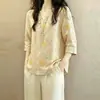 Camisa Casual Elegante con Estampado Pastoral Estilo Chino Nuevo para Mujer 2026, Top Juvenil Holgado de Verano con Cuello en V y Manga Tres Cuartos