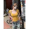 Playera de Manga Corta Melocotón de Cuello Puro Ajustado para Mujer Verano Nuevo Estilo Pequeña Corta Slim Look Top Chic de Alta Gama