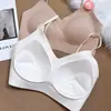 Ropa interior sin costuras cálida tipo terciopelo, amigable con la piel, para mujer, copa engrosada, sujetador de copa fija push-up, tirantes finos, cuello en V, camiseta sin mangas de espalda descubierta en forma de U