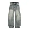Jeans Lavados Vintage con Dobladillo Curvo y Bigotes Plisados, Pantalones Casuales Amplios de Pierna Ancha Estilo Americano con Desgastes Naturales, de Largo Hasta el Suelo