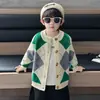 Suéter Cardigan con Patrón de Diamantes para Niños de Primavera y Otoño, Chaqueta de Punto Elegante Estilo Coreano para Niños, Top de Otoño para Niños Pequeños, Comercio Exterior