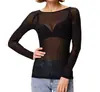Camiseta Transparente de Malla Negra para Mujer, Otoño 2023, Manga Larga, Sexy, Transparente, Malla Fina. Camisa de Malla Elástica