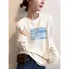 Camiseta de manga larga acanalada de algodón puro azul marino, nuevo estilo 2026, top elegante para mujer de principios de otoño, extremadamente atractivo