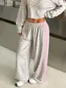 Pantalones de Chándal Anchos Casuales Versátiles para Viajes de Primavera/Otoño 2026 para Mujer, Elásticos, Rayas de Color Contrastante, Estampado de Guepardo