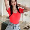 Camiseta de Manga Curta Feminina Verão Design Sense Nicho Doce Cool Curta Tricô Manga Bufante no Ombro Gola Quadrada Top Cintura Alta Estilo bm
