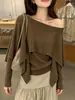 2026 Novo Xale Off-Shoulder Estilo Francês Tricô de Manga Longa para Mulheres, Verão, Caimento Fluido, Design Único, Top Leve