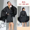 Estilo Comercio Exterior Negro Satén Sedoso Lujo Ligero Atractivo Camisón con Cordones y Decoración de Plumas Bata Larga Holgada de Manga Larga 1159